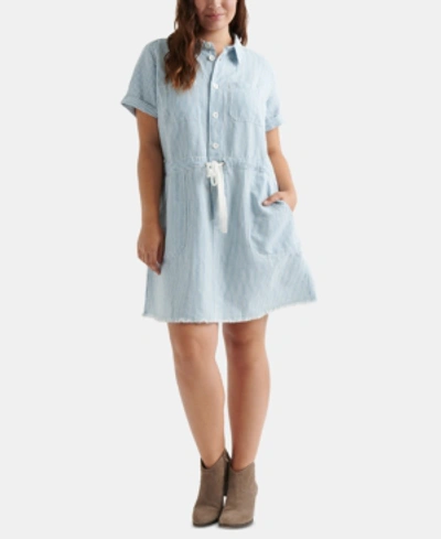 Lucky Brand Cotton Striped Plus Size Drawstring Dress In Aqua