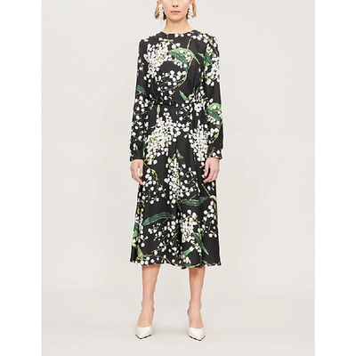 Oscar De La Renta Bloom-print Silk-satin Midi Dress In Black Multi