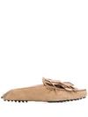 Tod's Gommino Embellished Fringed Suede Slippers In Brown,beige