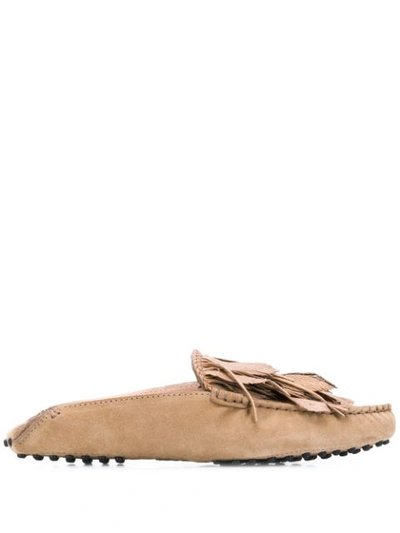 Tod's Gommino Embellished Fringed Suede Slippers In Brown,beige