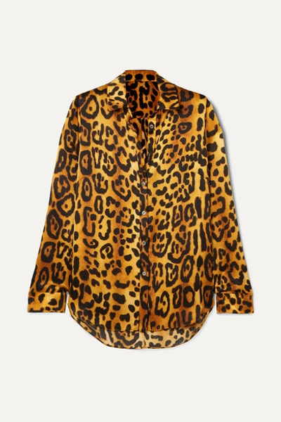 Adam Lippes Leopard-print Hammered Silk-crepe Shirt In Brown