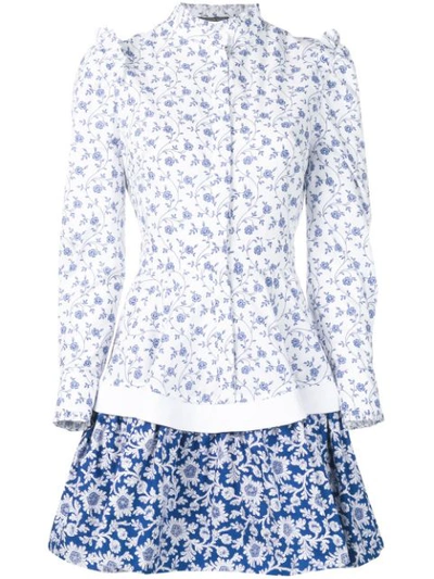 Alexander Mcqueen Floral-print Ruffled Cotton-poplin Mini Dress In White/blue