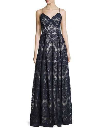 Catherine Deane Sleeveless Pleated Lace Gown, Deep Sea/silver Gray