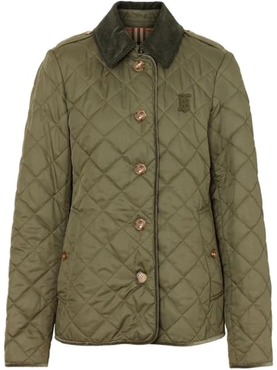 Burberry Monogram Motif Diamond Quilted Jacket In Olive Green