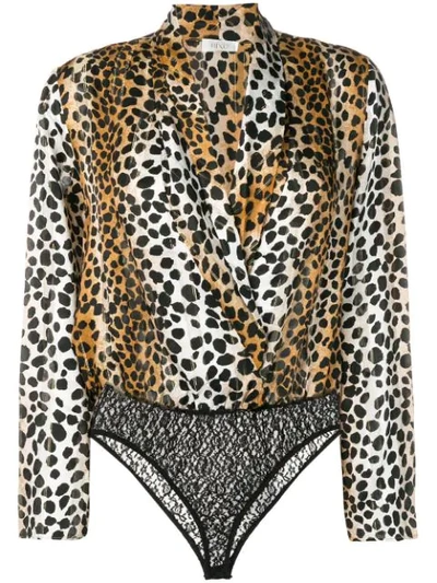 Rixo London Avril Wrap-effect Metallic Leopard-print Satin And Stretch-lace Bodysuit In Brown,black