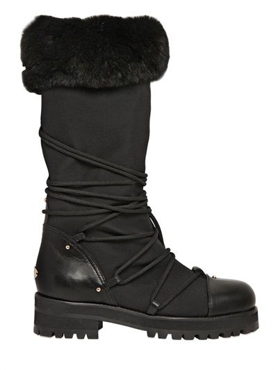 Jimmy Choo Dunn Flat Black Leather And Rabbit Fur Lined Knee High Boots ...