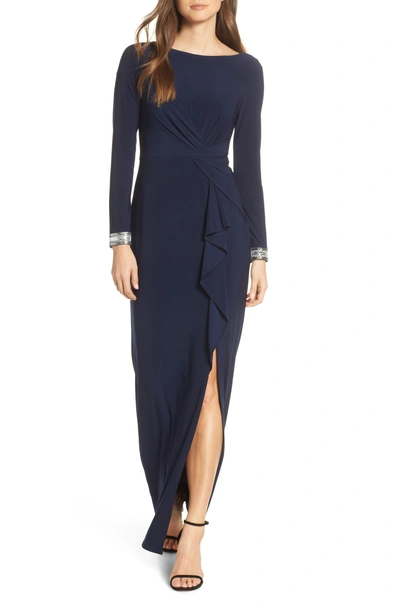 Vince Camuto Beaded Cuff Ruched Jersey Dress In Navy