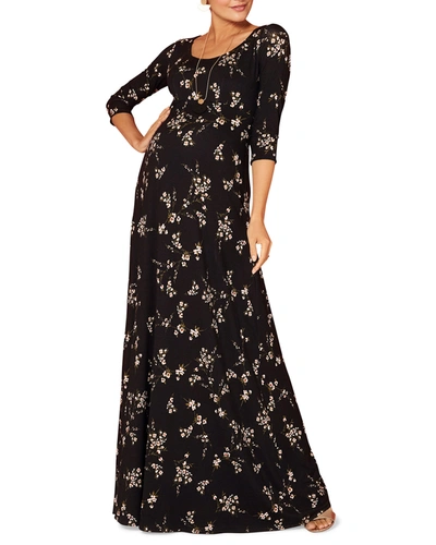 Tiffany Rose Maternity Floral-print Scoop-neck 3/4-sleeve Maxi Dress In Black Pattern