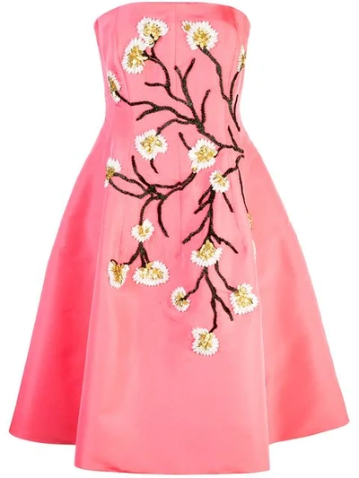 Oscar De La Renta Spring Tree Embroidered Dress In Pink