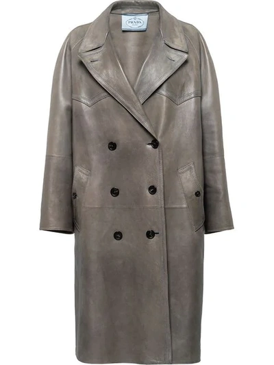 Prada Double-breasted Leather Coat In Grey