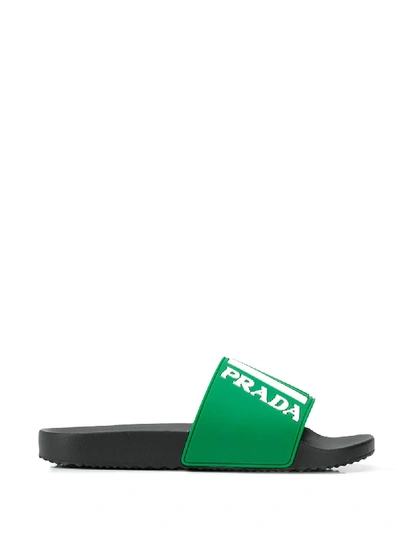 Prada Logo Rubber Slides In Green In Black