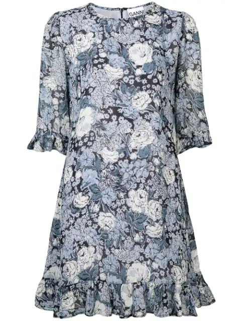 Ganni Floral Print Dress In Blue | ModeSens