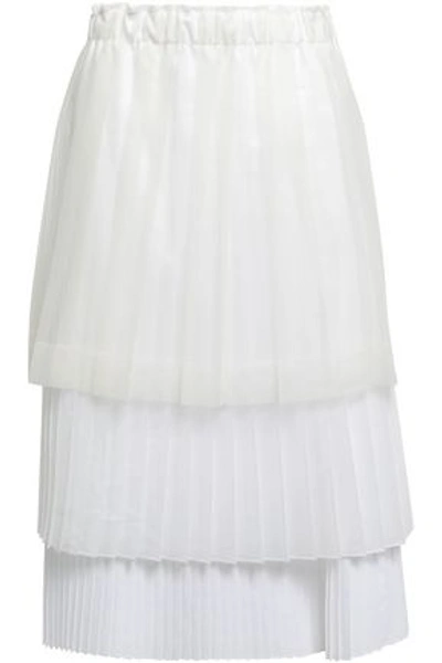 Brunello Cucinelli Tiered Pleated Coated-tulle, Organza And Poplin Midi Skirt In Ivory