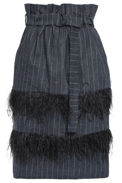 Brunello Cucinelli Woman Feather-trimmed Pinstriped Linen And Wool-blend Skirt Storm Blue