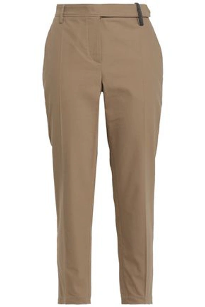 Brunello Cucinelli Woman Bead-embellished Stretch-cotton Gabardine Tapered Pants Mushroom In Sand