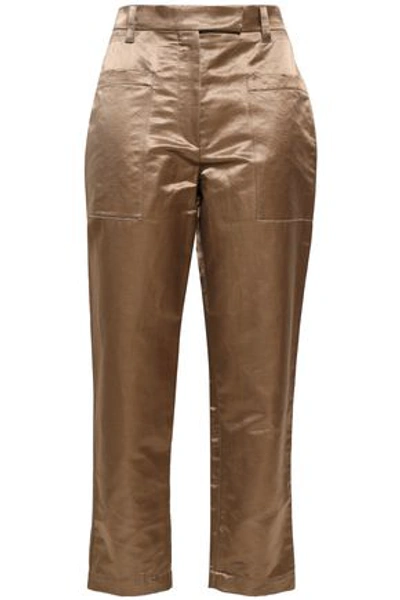 Brunello Cucinelli Woman Linen-blend Satin Tapered Pants Brass