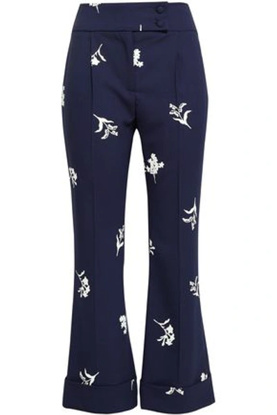 Carolina Herrera Woman Floral-print Wool-blend Kick-flare Pants Navy