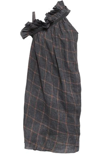 Brunello Cucinelli Woman Ruffle-trimmed Checked Slub Linen Dress Gray