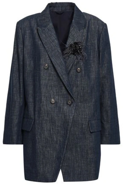 Brunello Cucinelli Woman Embellished Double-breasted Cotton-chambray Blazer Midnight Blue