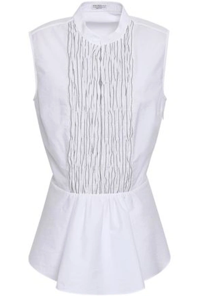 Brunello Cucinelli Woman Bead-embellished Shirred Cotton-poplin Peplum Shirt White
