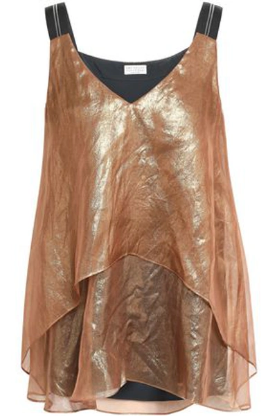 Brunello Cucinelli Woman Layered Embellished Crinkled Silk-organza Top Copper
