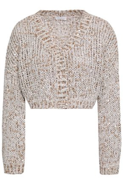 Brunello Cucinelli Cropped Sequined Open-knit Cardigan In Ecru