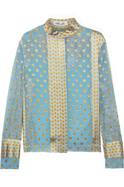 Diane Von Furstenberg Polka-dot Satin-paneled Chiffon Blouse In Sky Blue