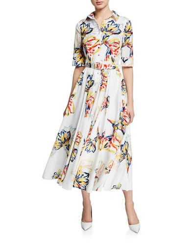 Badgley Mischka Floral-print Button-down Elbow-sleeve Belted Shirtdress In White/red