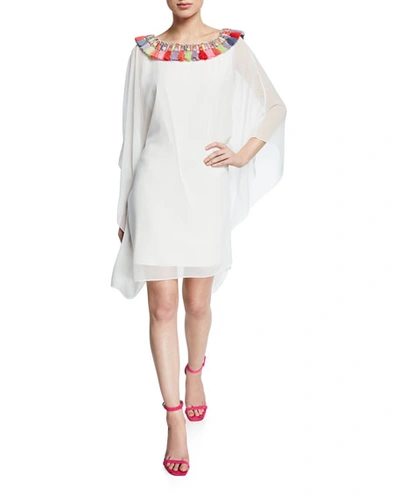 Badgley Mischka Tassel-neck Embellished Draped-sleeve Caftan Dress In White
