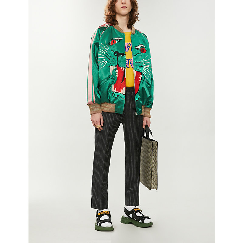 Gucci Cat-embroidered Satin Bomber Jacket In Green | ModeSens