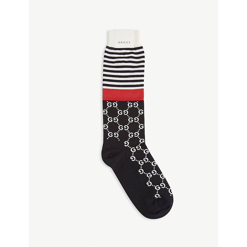 Gucci Striped Logo Cotton Socks In Navy Red ModeSens