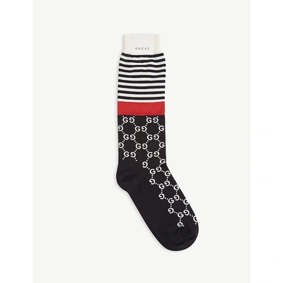Gucci Striped Logo Cotton Socks In Navy Red