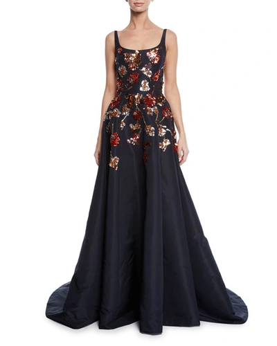 Ahluwalia Mara Ballerina-neck Sequined Floral Gown In Blue/red