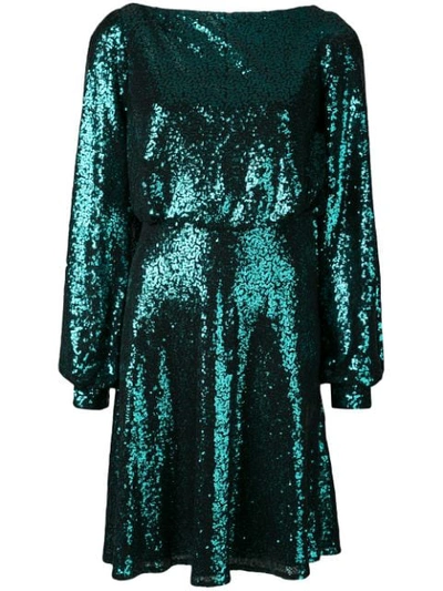 Tadashi Shoji Sequin High-neck Long-sleeve Dress With Lace Cowl-back In Green