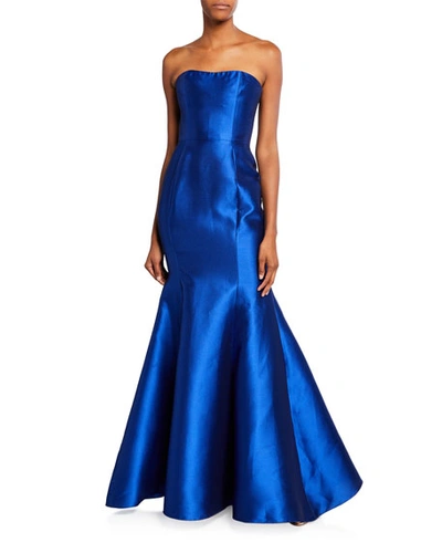 Marchesa Notte Strapless Mikado Pique Mermaid Gown With Back Draped Bow In Royal