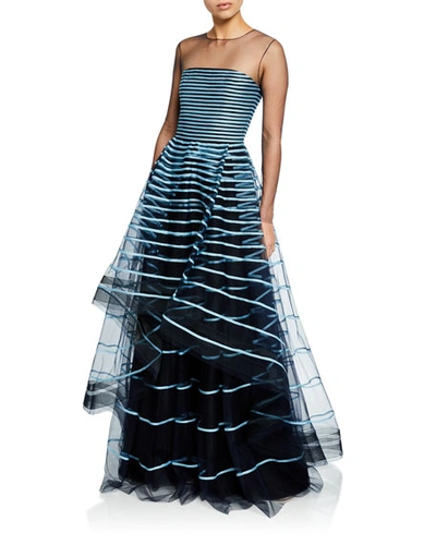 Ahluwalia Grace Ribbon-striped Illusion Gown, Blue Pattern