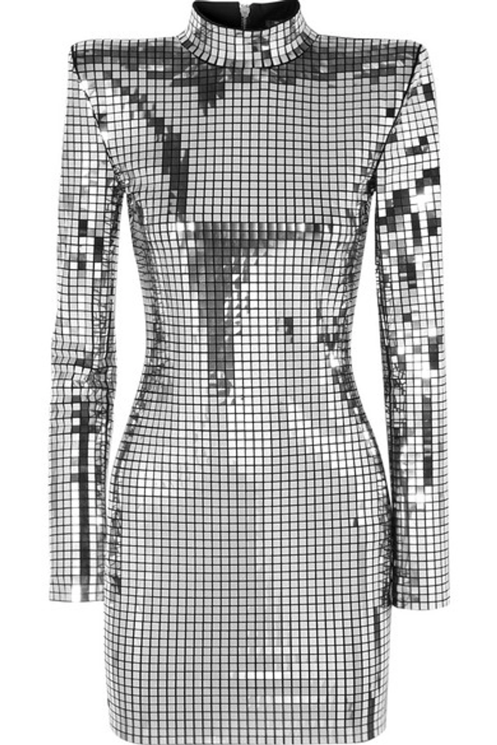 Balmain Mock-neck Long-sleeve Square-mirror Cocktail Dress In Silver |  ModeSens