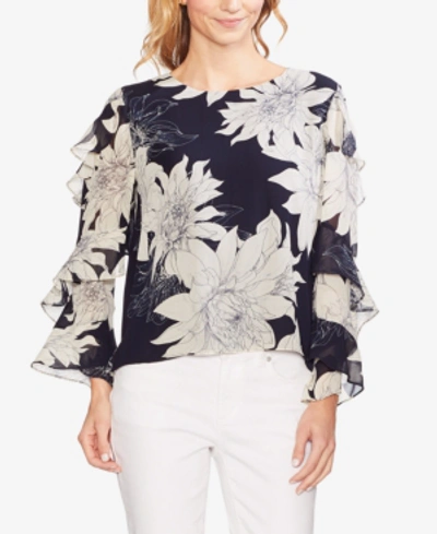 Vince Camuto Pagoda Blossoms Tiered Ruffle Sleeve Blouse In Classic Navy