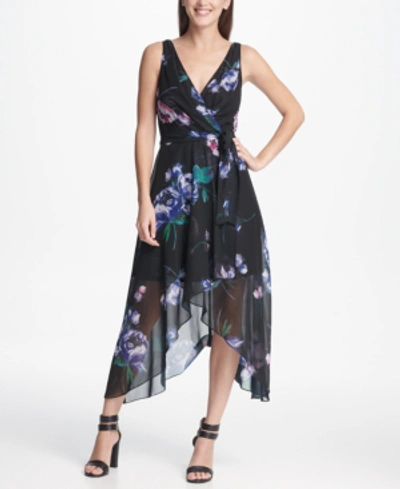 Dkny Floral Chiffon V-neck Midi Wrap Dress With Belt In Black