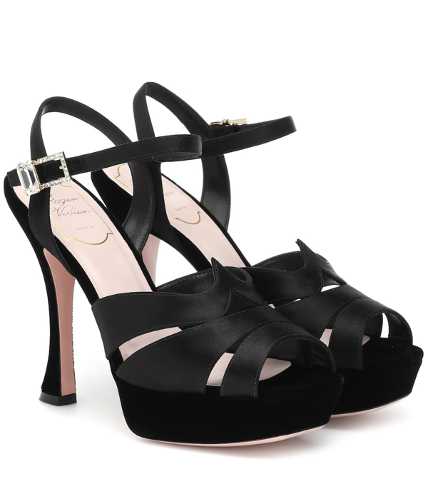 Roger Vivier Viv Bling Satin And Velvet Plateau Sandals In Black Modesens