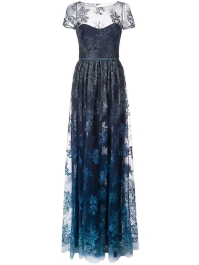 Marchesa Notte Sheer Floral Embroidered Gown In Blue