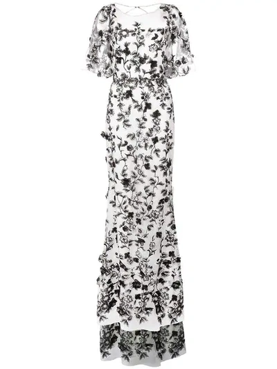 Marchesa Notte Floral Embroidered Gown In Black And White