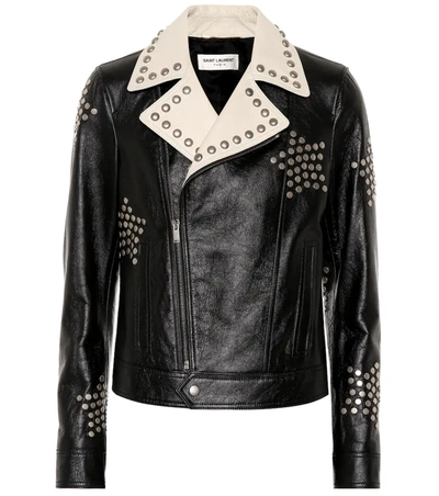 Saint Laurent Black Leather Biker Jacket Embroidered With Studs In Black/ivory