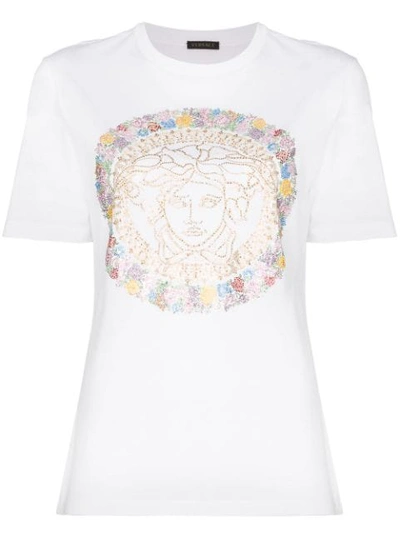 Versace Crystal Floral-print Short-sleeve T-shirt In White