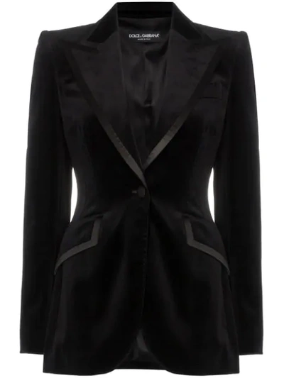 Dolce & Gabbana Satin Trim Fitted Velvet Blazer Jacket In Black