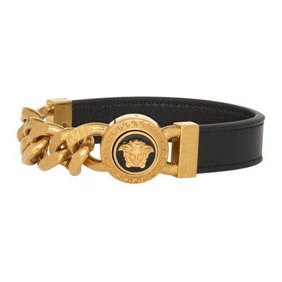 Versace Black And Gold Leather Medusa Bracelet In K41t Go/blk