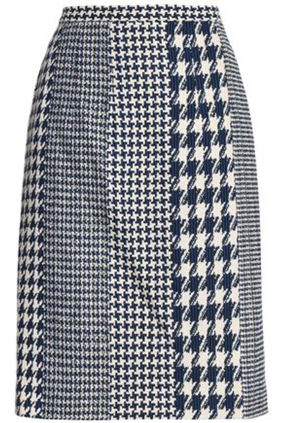 Oscar De La Renta Paneled Houndstooth Jacquard Pencil Skirt In Navy