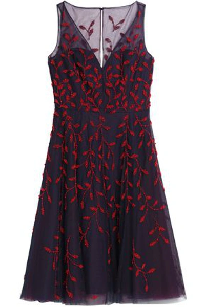 Oscar De La Renta Woman Bead-embellished Tulle Midi Dress Indigo
