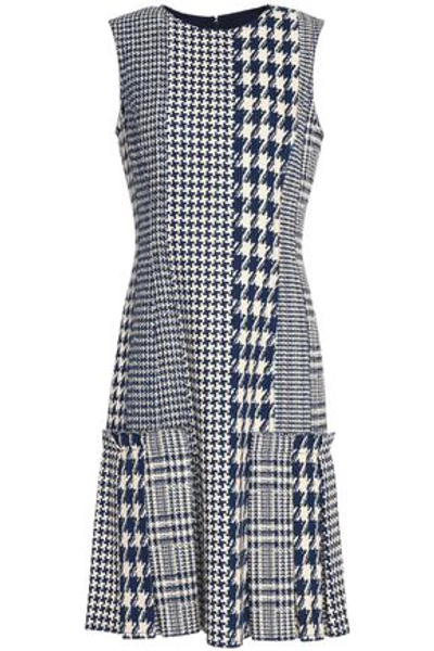 Oscar De La Renta Woman Pleated Houndstooth Tweed Dress Blue