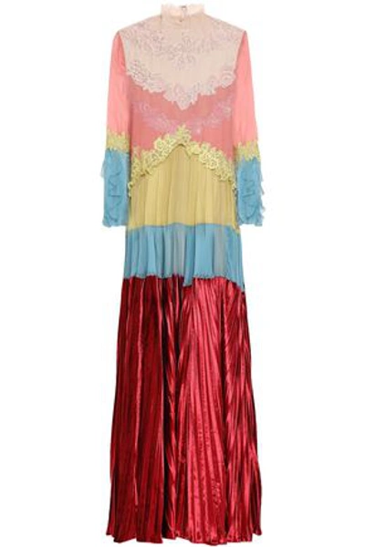 Valentino Lace-trimmed Velvet-paneled Color-block Voile Maxi Dress In Multicolor